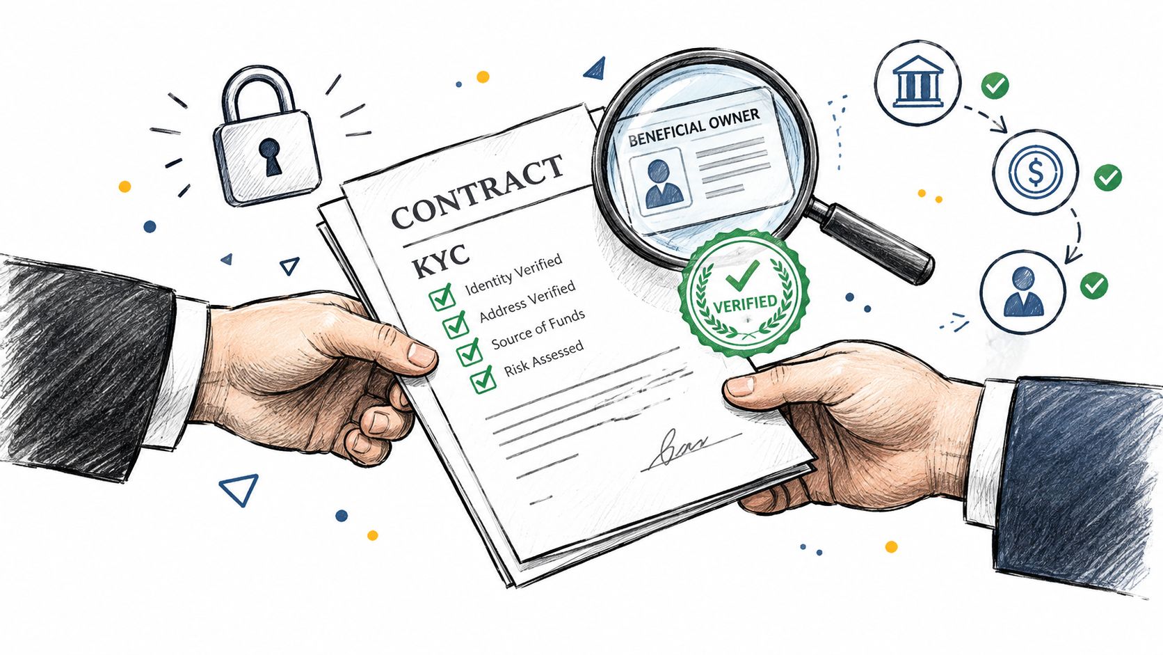 A hand-drawn illustration depicting two business people exchanging a contract document with verified KYC and beneficial ownership.