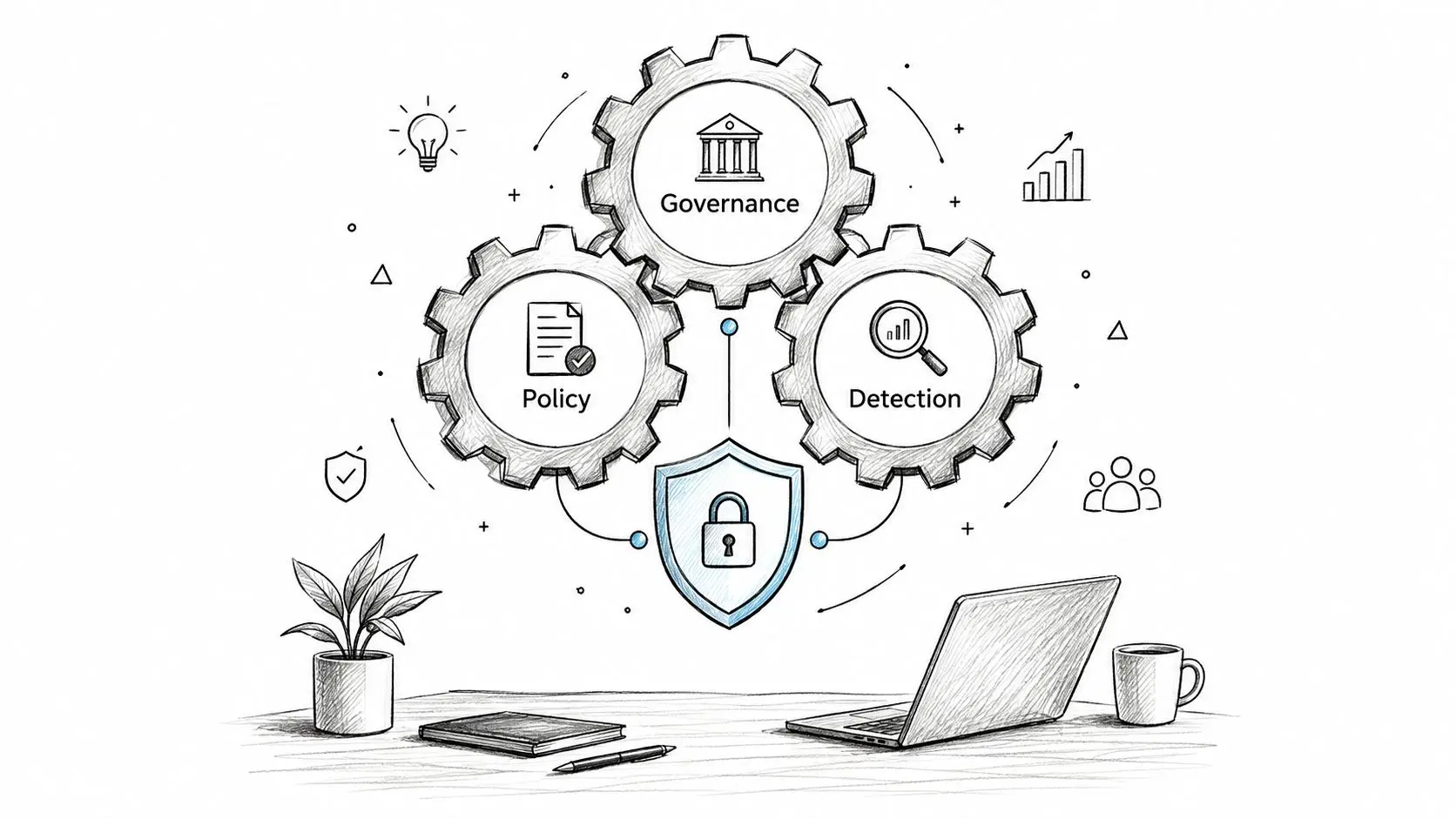 A conceptual sketch illustrating fraud prevention strategies with gears representing governance, policy, and detection with a central shield.