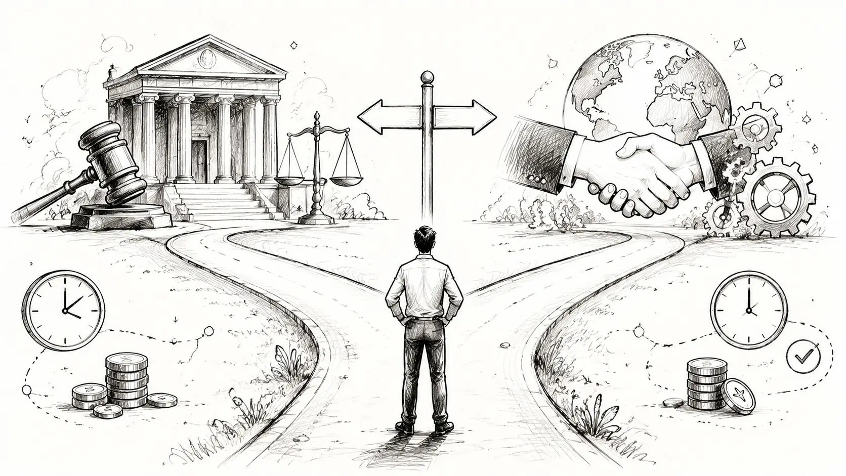 A person standing at a crossroads choosing between legal litigation and international business negotiation and agreement.