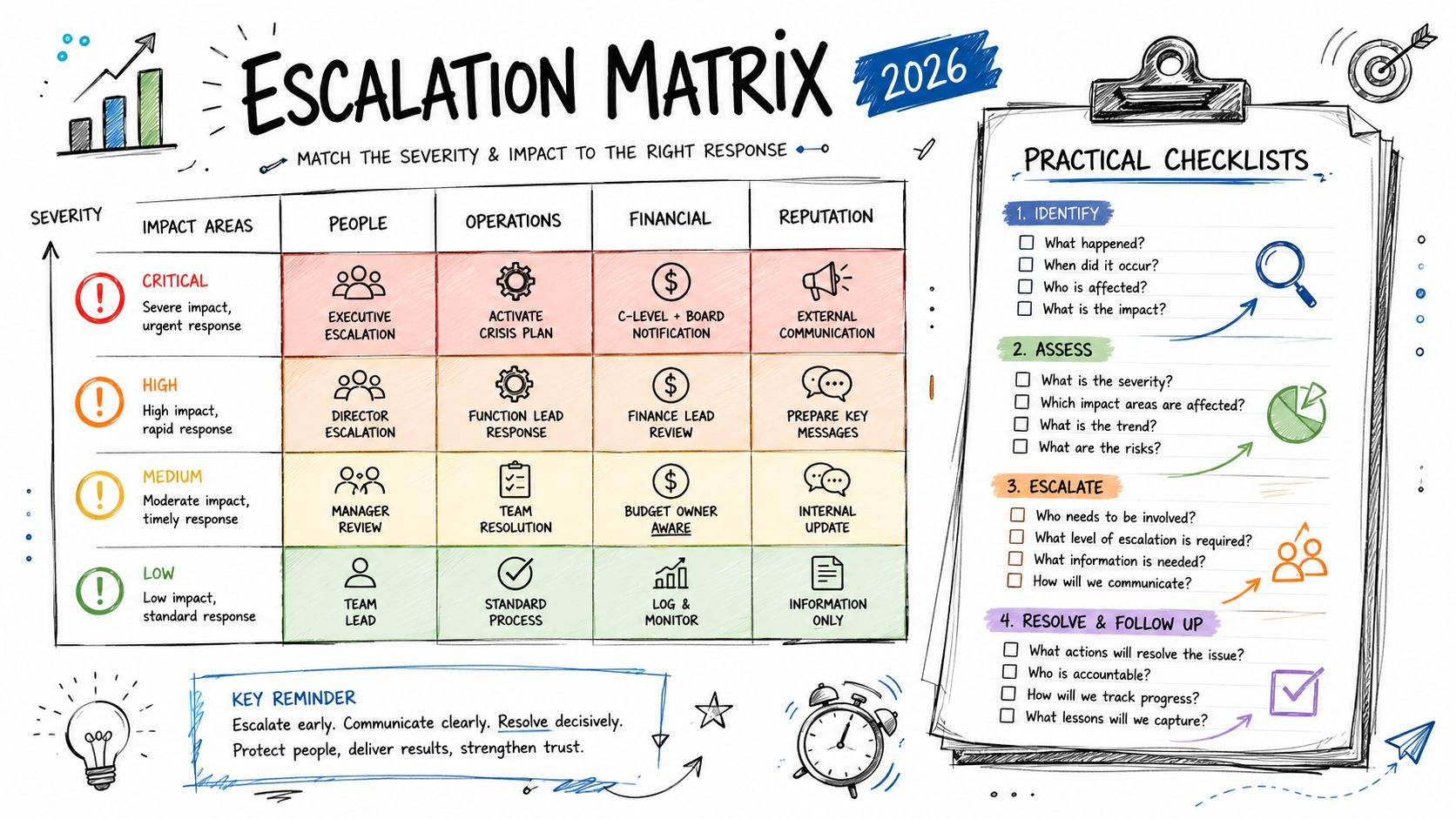 An escalation matrix chart showing severity levels, impact areas, and a checklist for managing business crises.