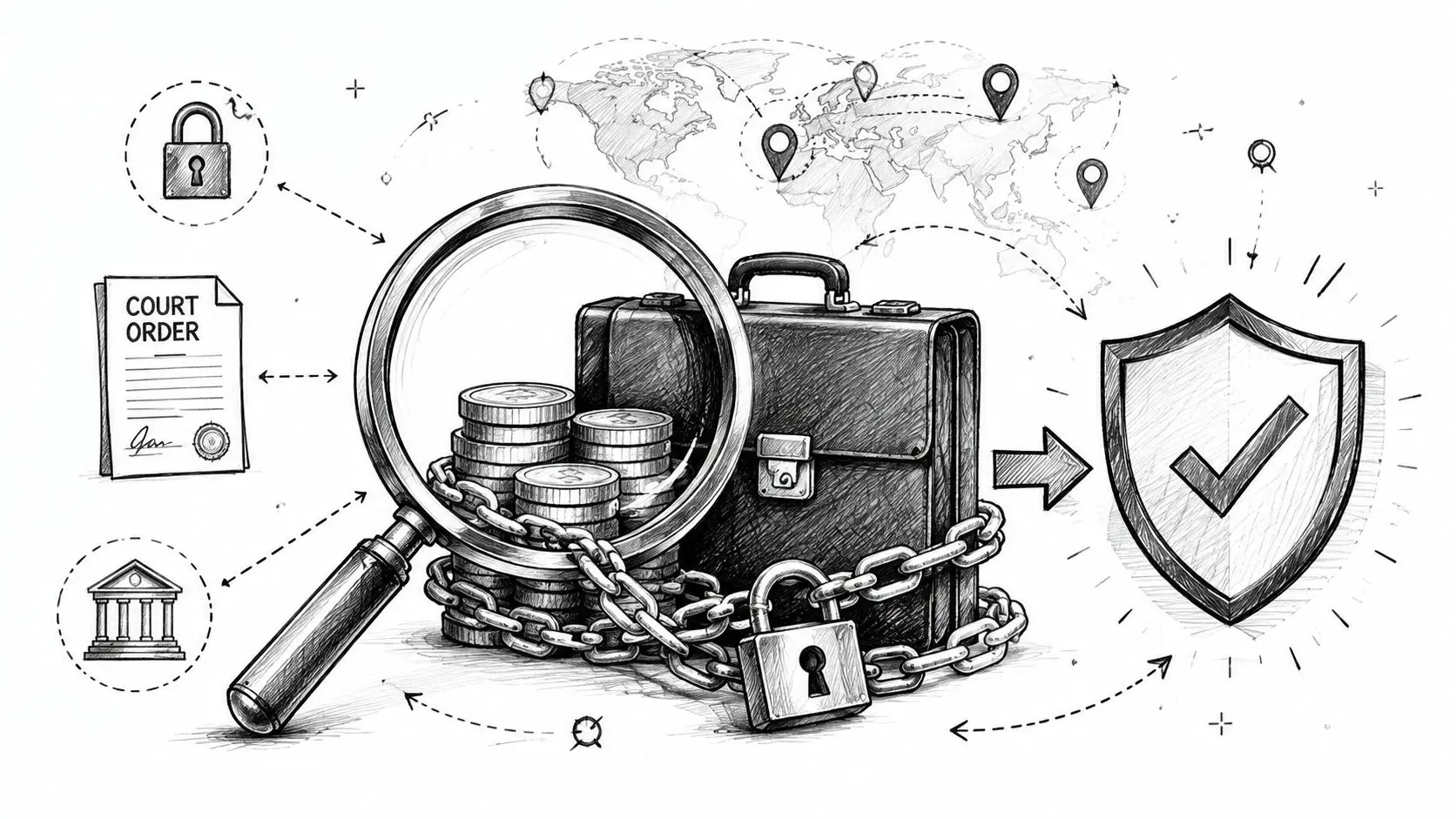 A pencil sketch illustrating global financial legal enforcement with a magnifying glass, briefcase, coins, and shield.