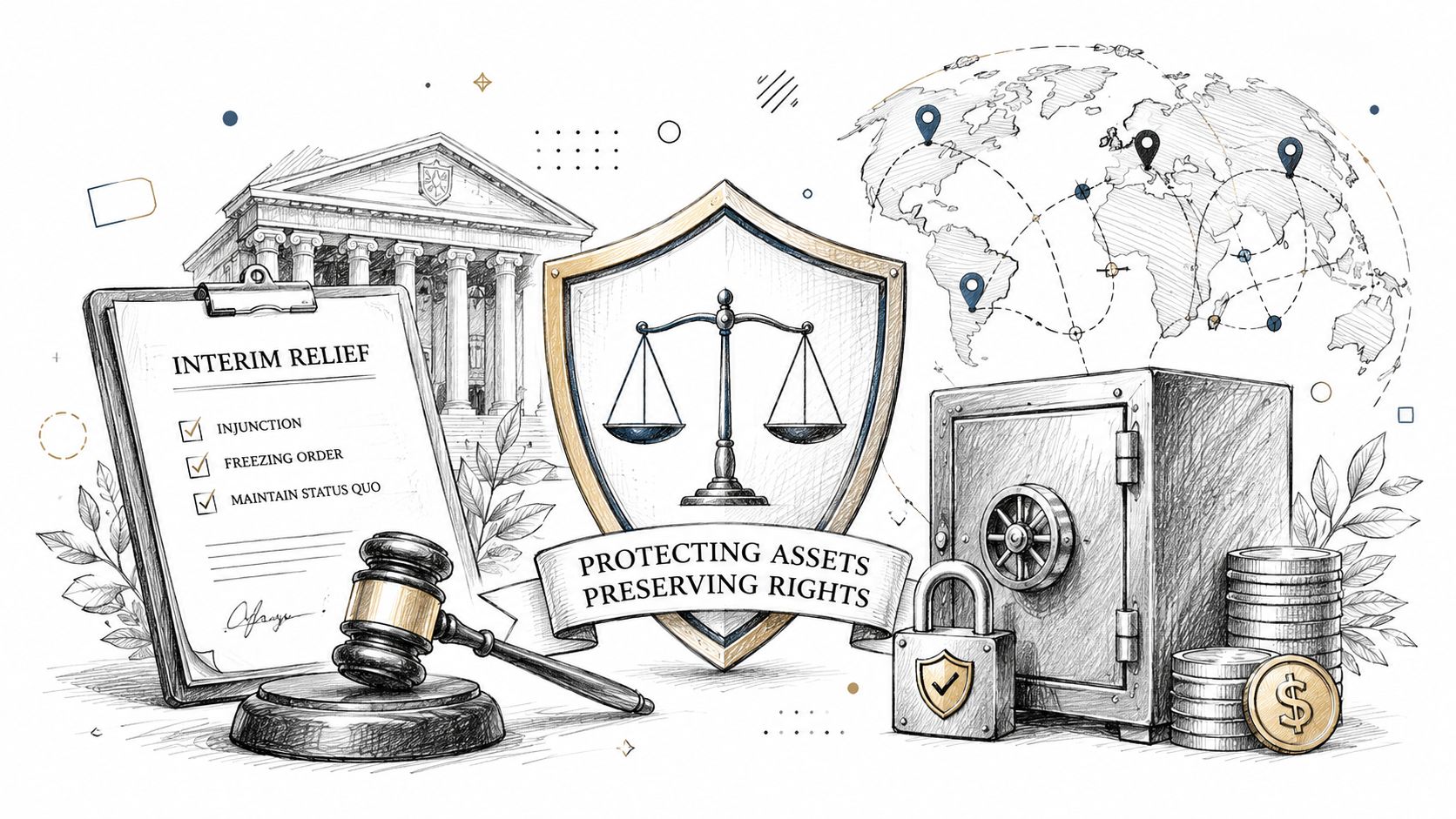 A legal conceptual illustration featuring a courthouse, scales of justice, a vault, and a world map.