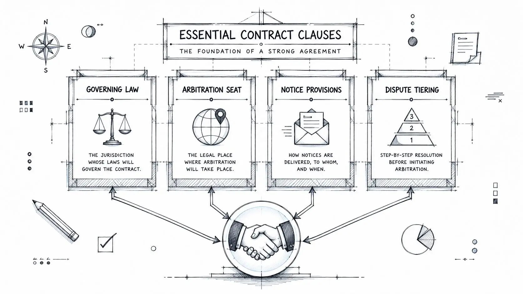 A hand-drawn sketch outlining four essential contract clauses for international agreements including governing law and arbitration.
