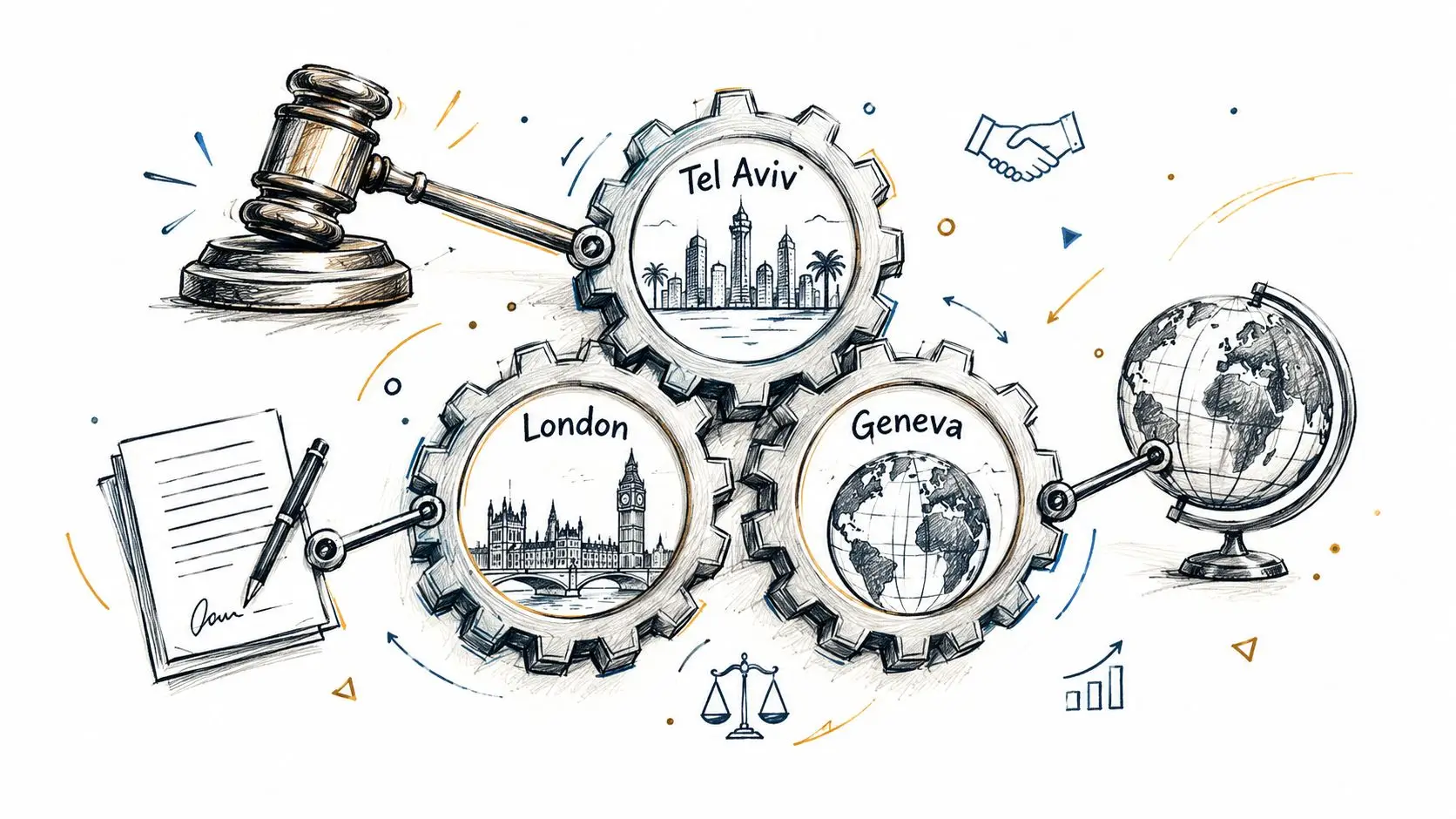 A hand-drawn illustration showing legal symbols like a gavel, document, globe, and city gears representing international law.