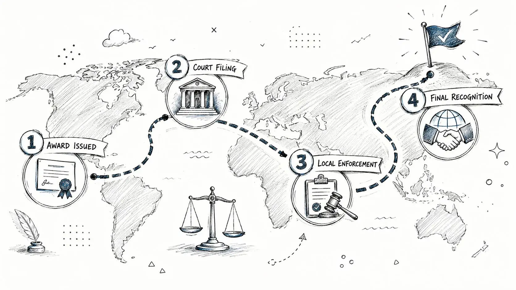 A hand-drawn illustration showing the four stages of international dispute resolution on a world map background.