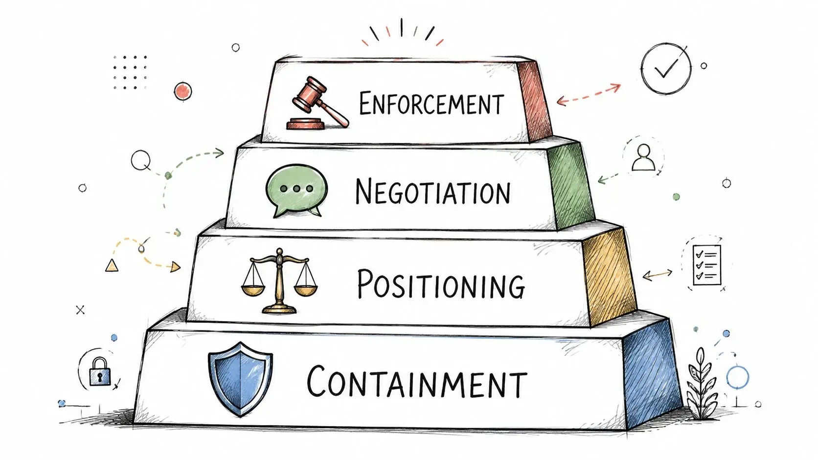 A four-layered pyramid diagram representing a strategy for international dispute resolution including containment, positioning, negotiation, and enforcement.