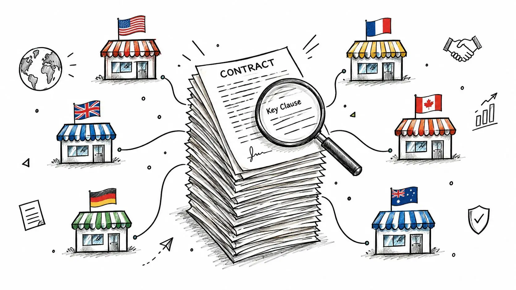 A stack of legal contracts being examined by a magnifying glass, surrounded by global franchise store icons.