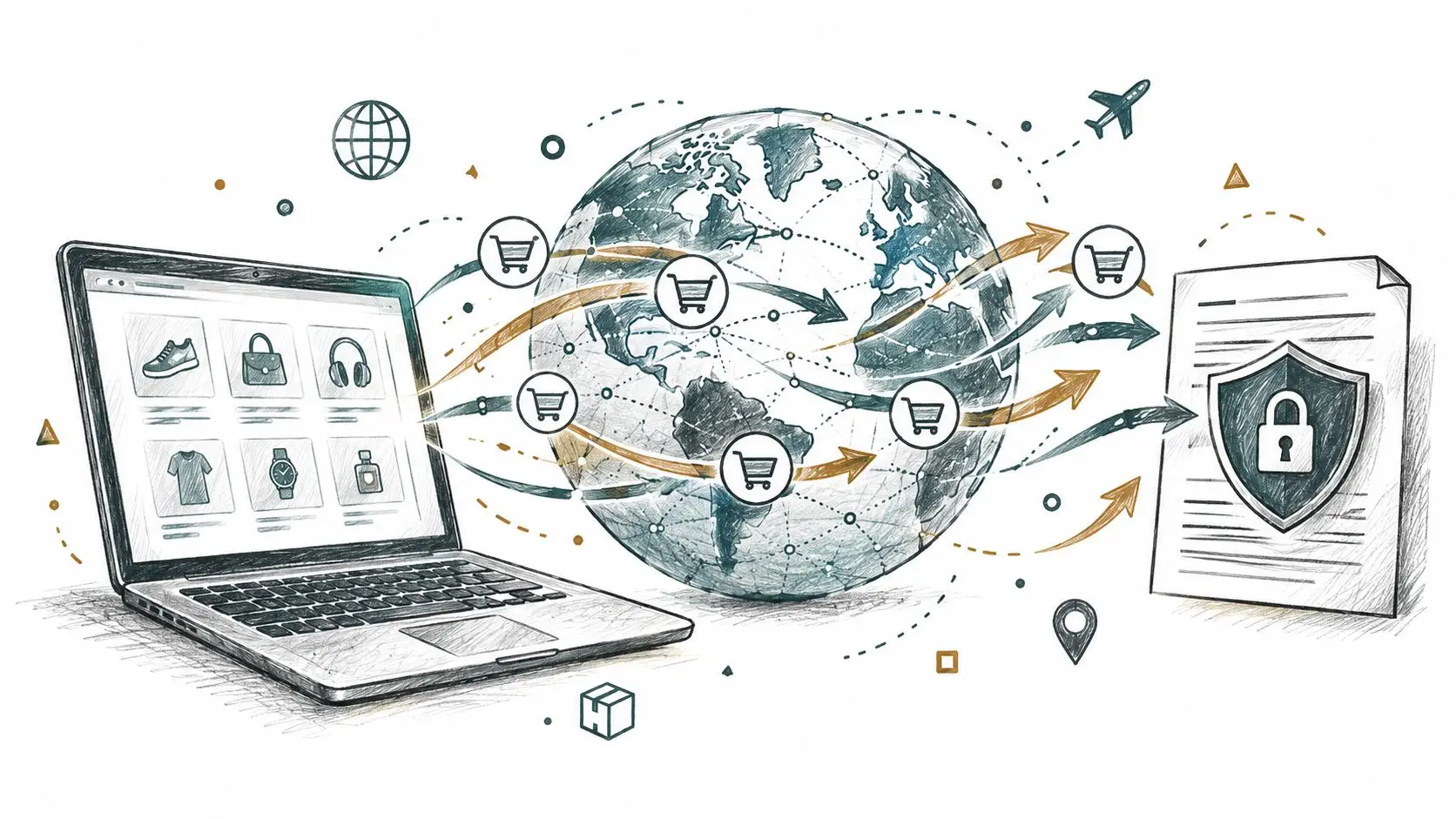 A digital illustration showing a laptop connecting to a global network, shopping carts, and a secure legal document.