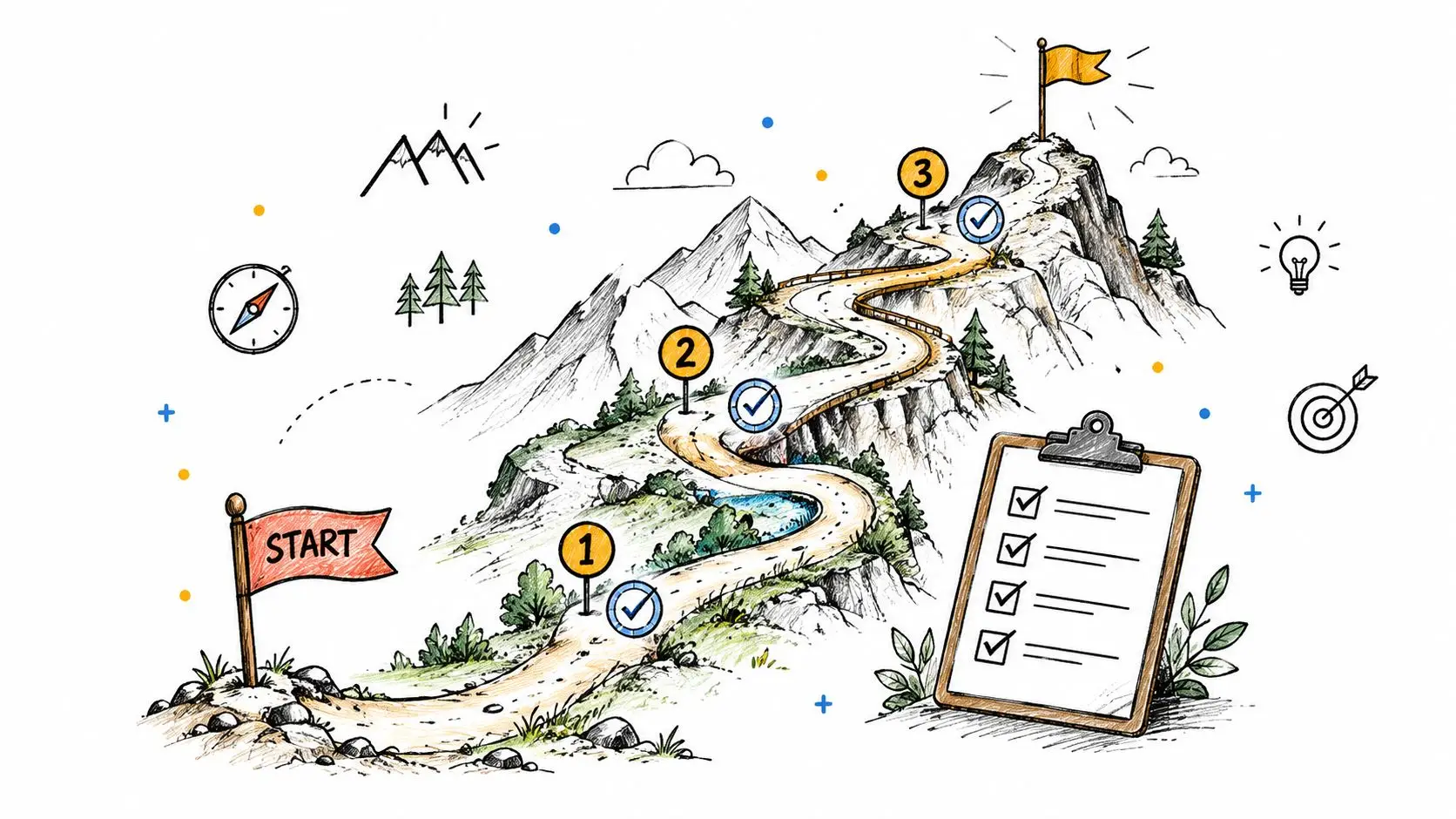 A hand-drawn illustration showing a winding path up a mountain with three milestones and a checklist.