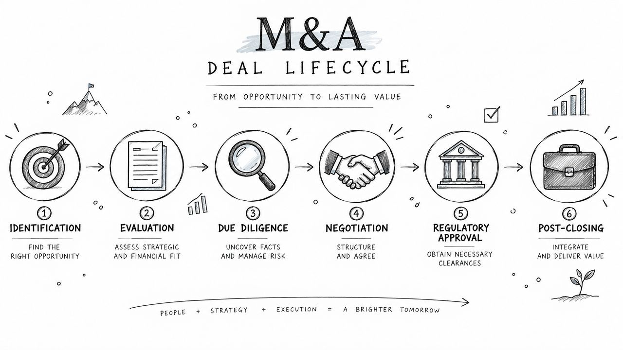 A hand-drawn flowchart illustrating the six stages of a corporate mergers and acquisitions deal lifecycle.