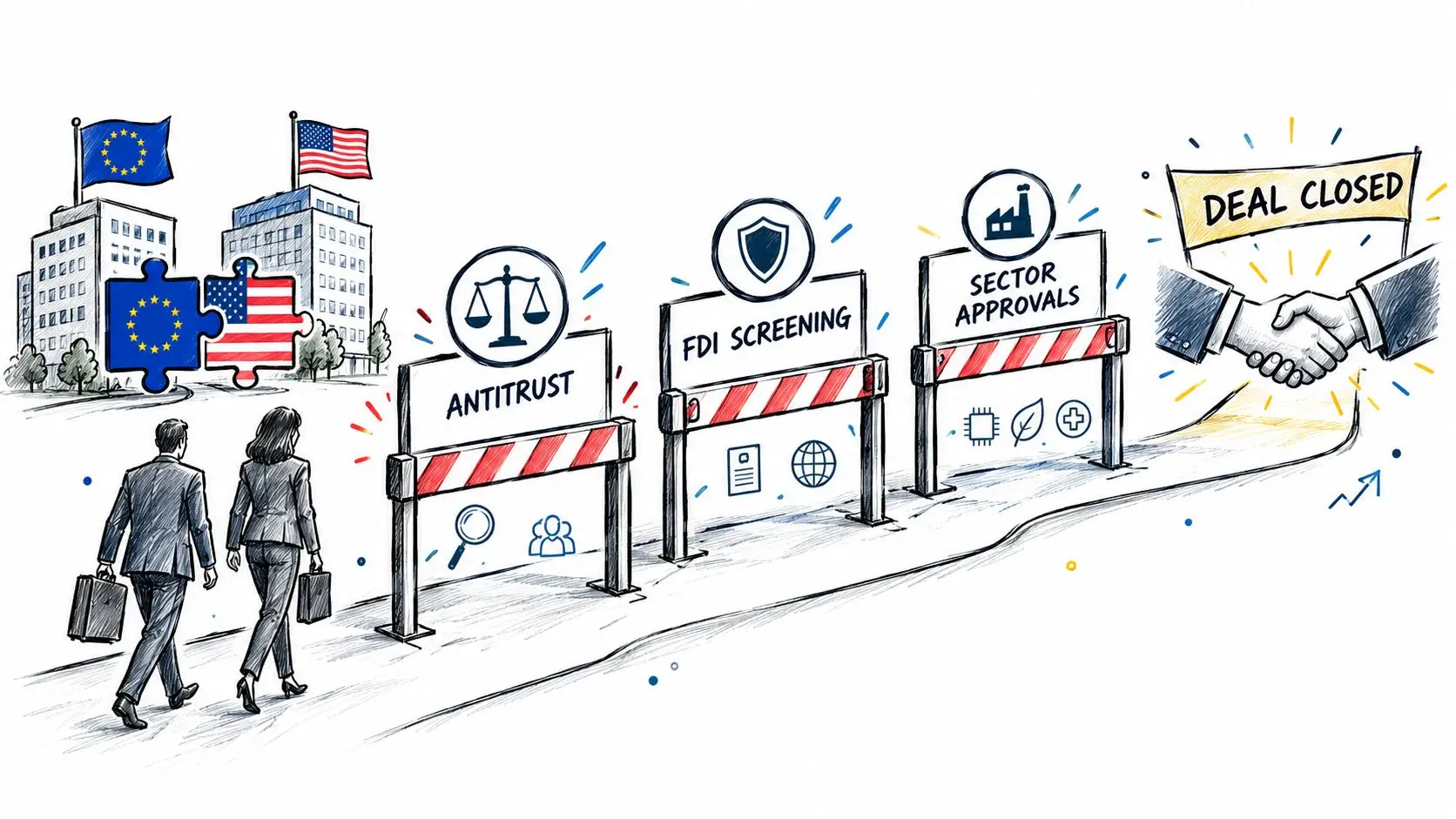 A professional illustration of a business merger process between the European Union and the United States