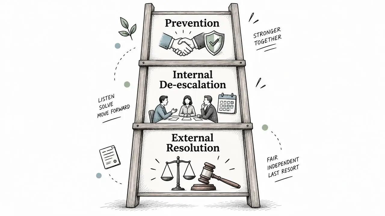 A tiered diagram showing a ladder representing the steps for partnership agreement dispute resolution from prevention to external resolution.