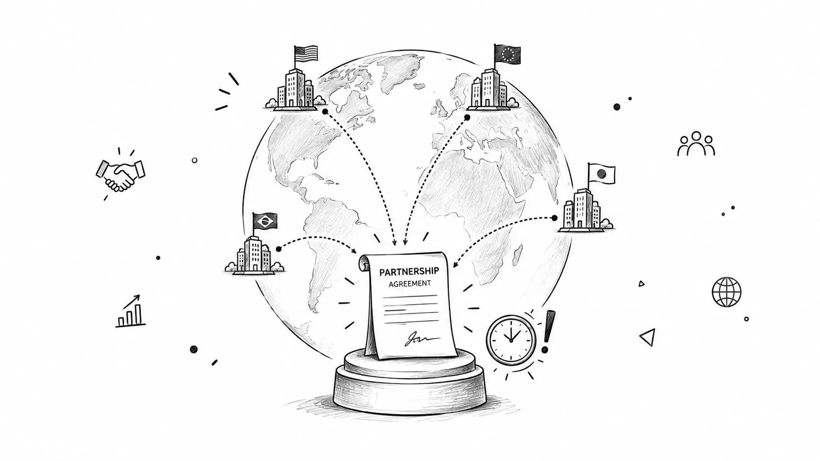 A hand-drawn sketch illustrating a global partnership agreement connected to buildings with various international flags worldwide.