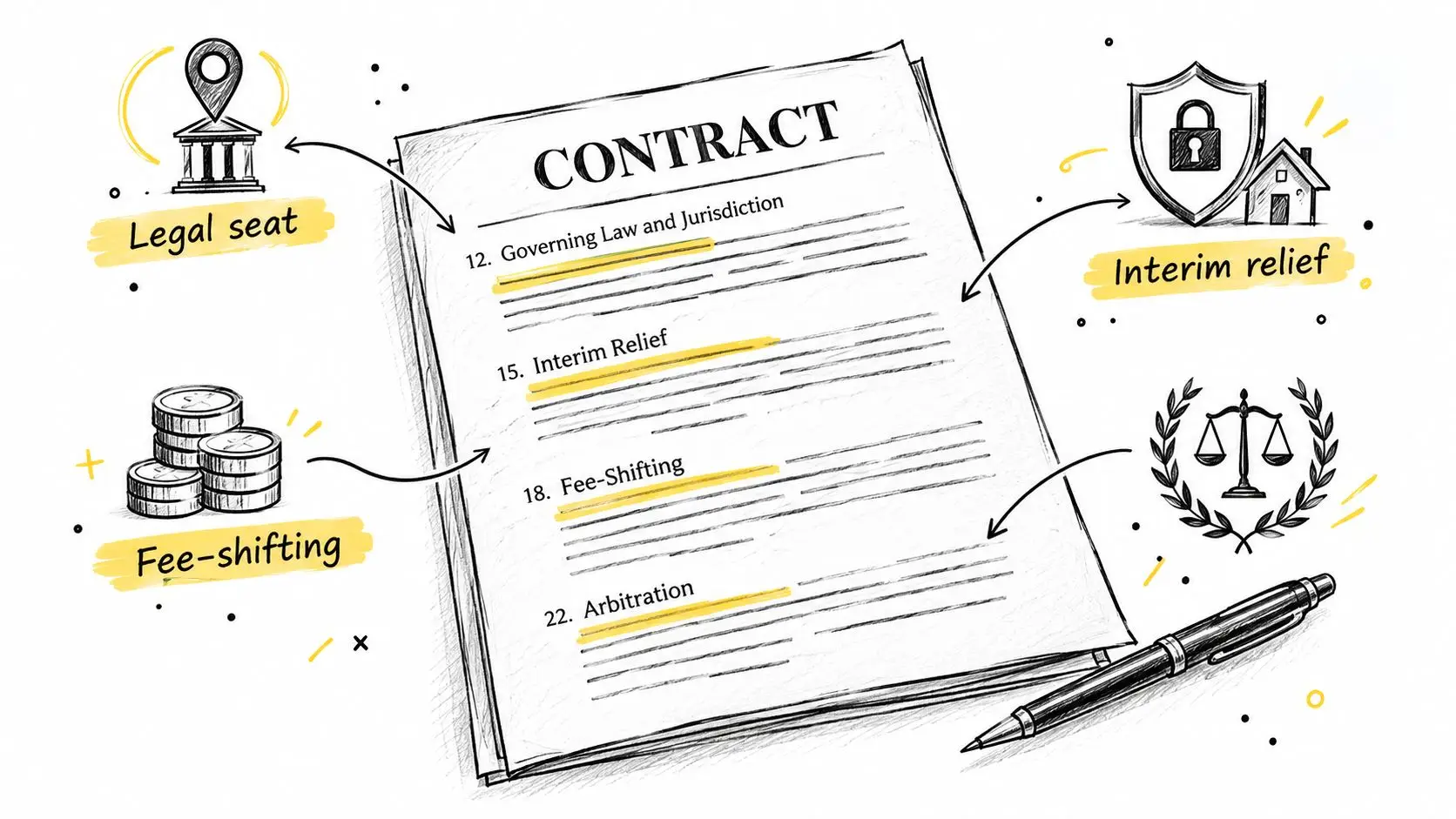 A hand-drawn illustration depicting a contract with highlighted legal dispute resolution clauses and related icons.