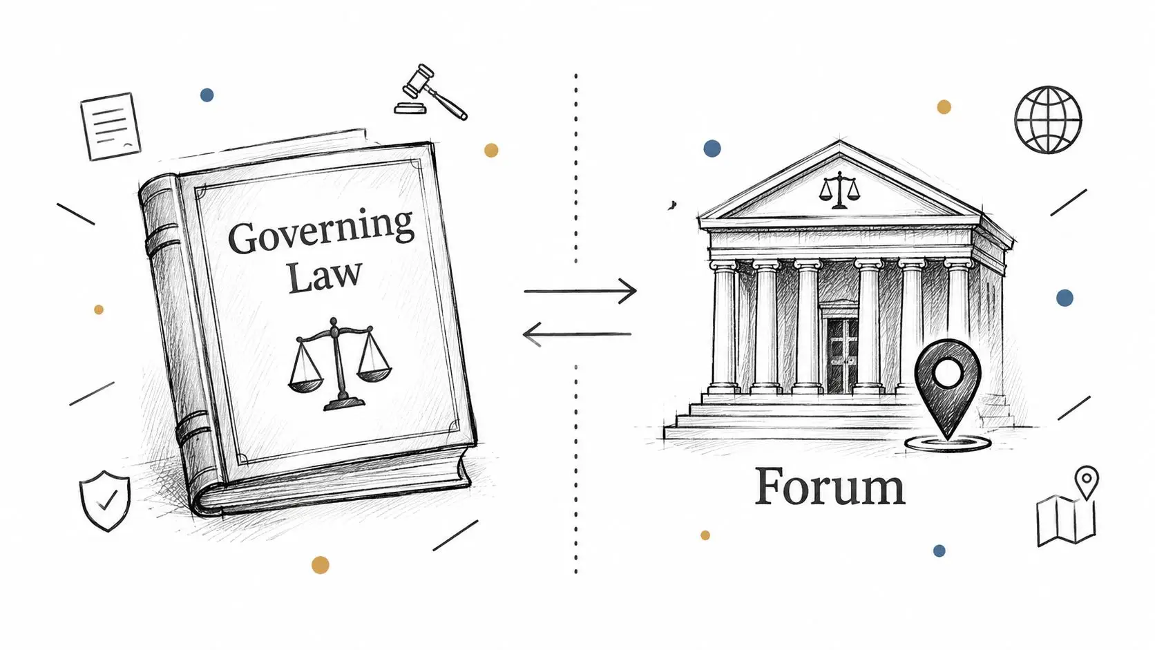A pencil sketch illustrating a law book and a courthouse to represent legal jurisdiction and forum selection.