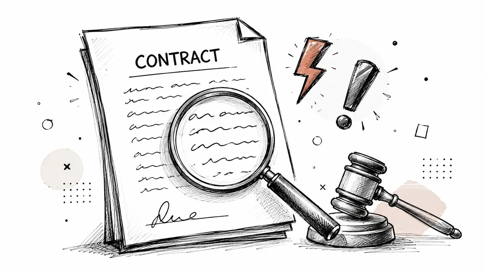 A conceptual illustration of a contract being examined with a magnifying glass next to a legal gavel.