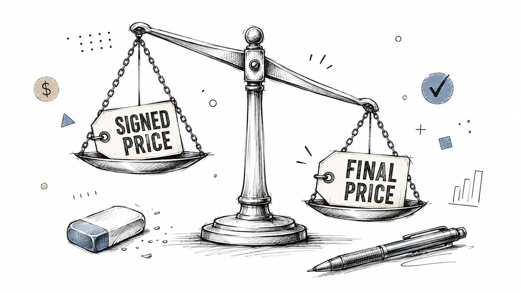 A sketched illustration of a balance scale comparing signed price against final price with a pen nearby.