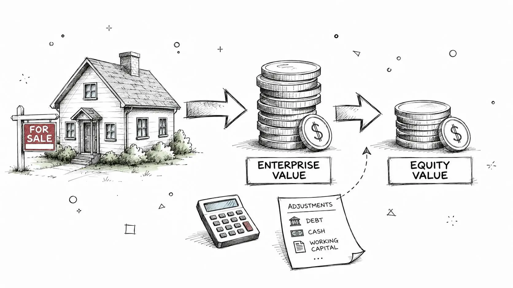 A hand-drawn illustration depicting the valuation process from a house for sale to enterprise and equity values.
