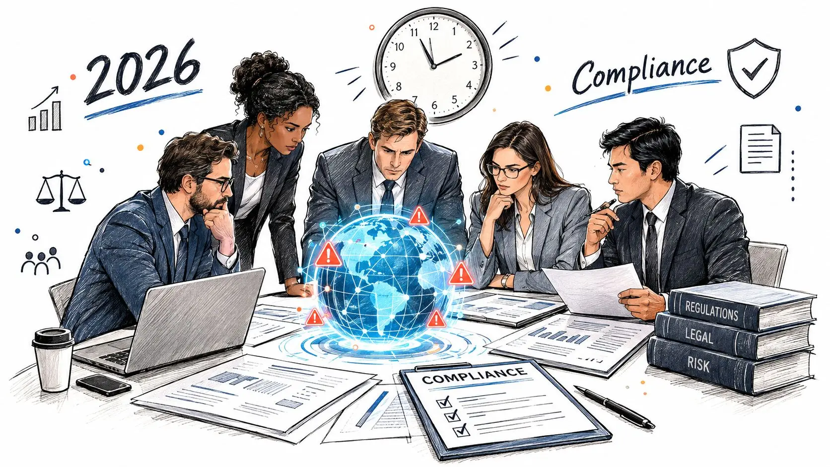 A diverse team of professionals in a boardroom meeting discussing a digital global compliance framework strategy.