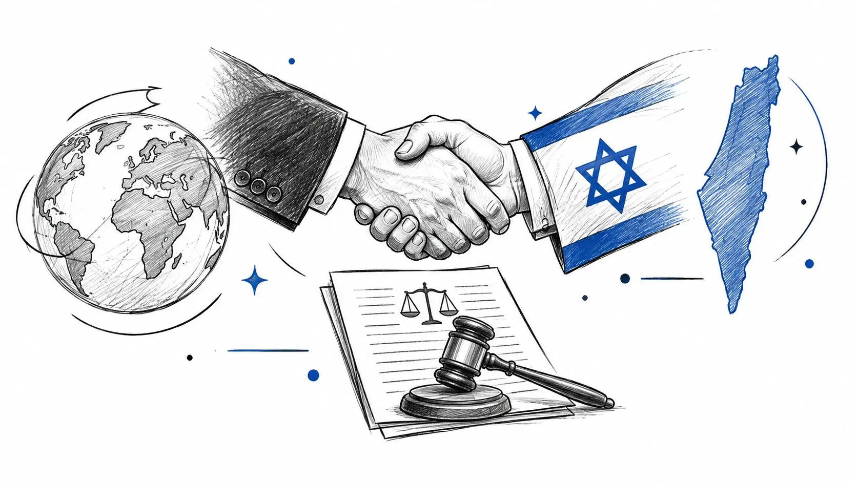 A conceptual illustration showing a handshake between the globe and Israel, representing legal compliance and international relations.