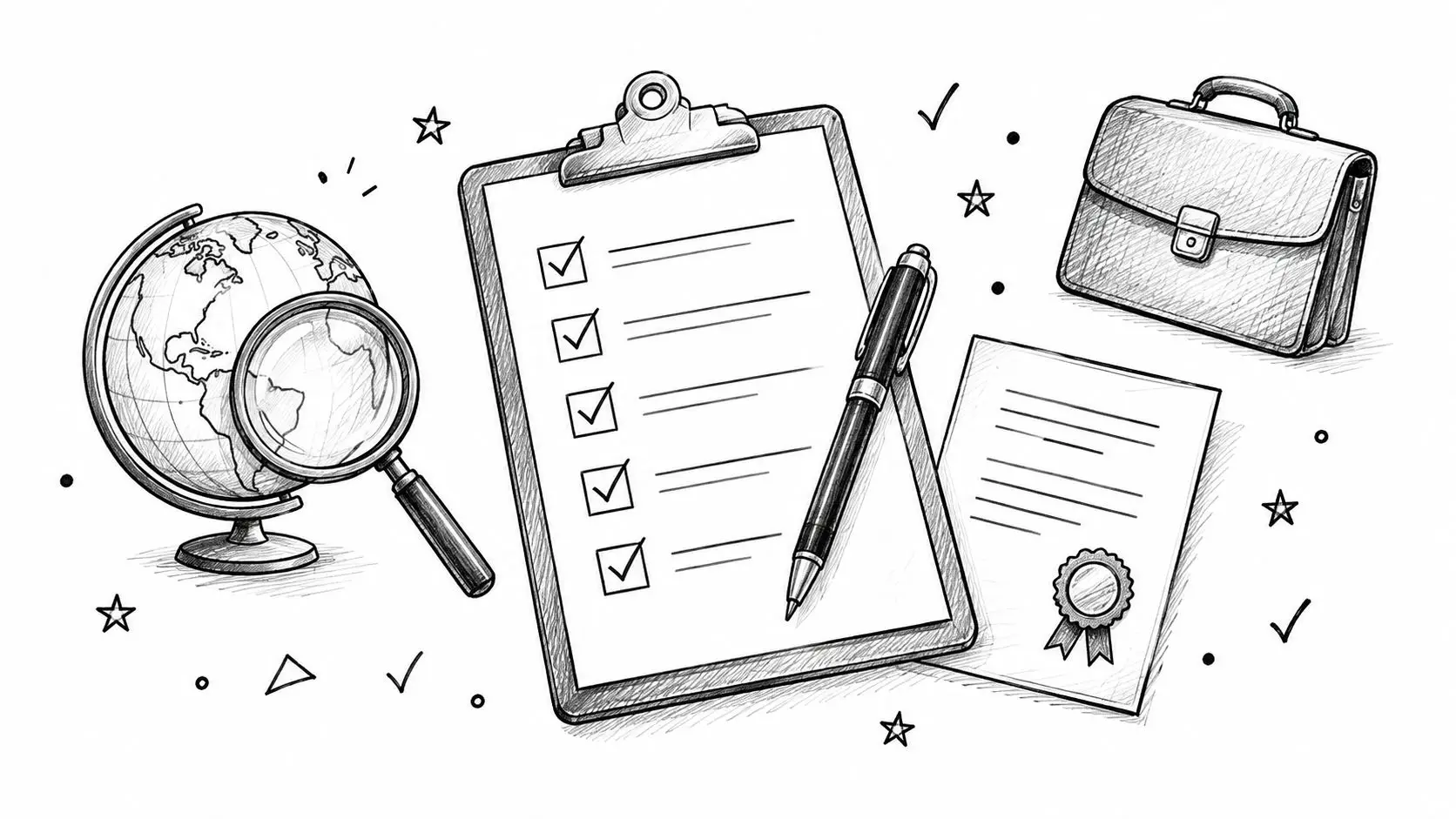 A hand-drawn sketch of a globe, magnifying glass, clipboard with checklist, pen, briefcase, and a diploma certificate.