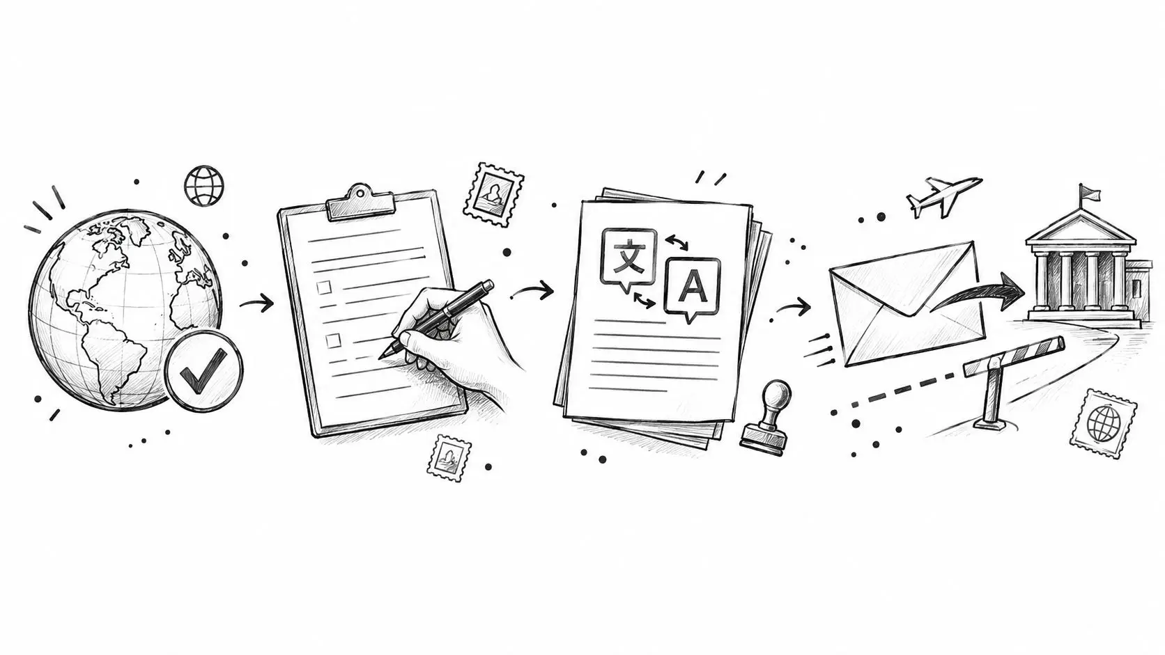 A hand-drawn illustration showing the international legal process involving global documentation, translation, mailing, and official courthouse submission.