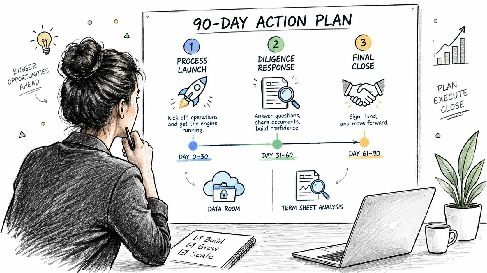 A professional woman studying a 90-day action plan whiteboard for startup growth and business acquisition strategy.