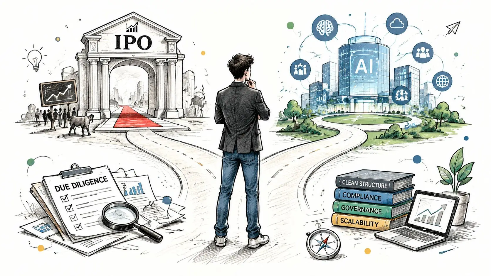 A professional stands at a fork in the road choosing between an IPO path and AI-driven growth.