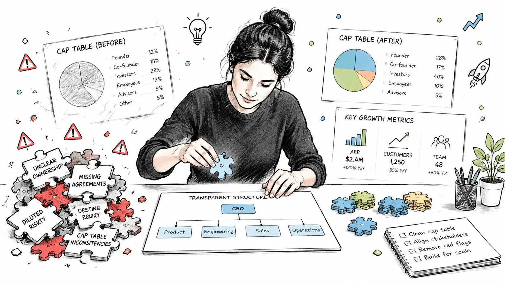 A CEO organizes puzzle pieces to transform a complex startup cap table into a transparent structure.