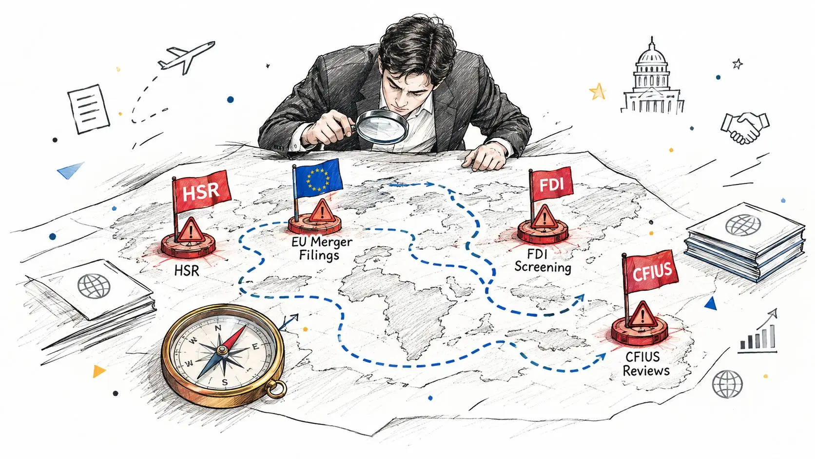 A professional analyzing a global map with various regulatory markers representing merger and investment screening processes.