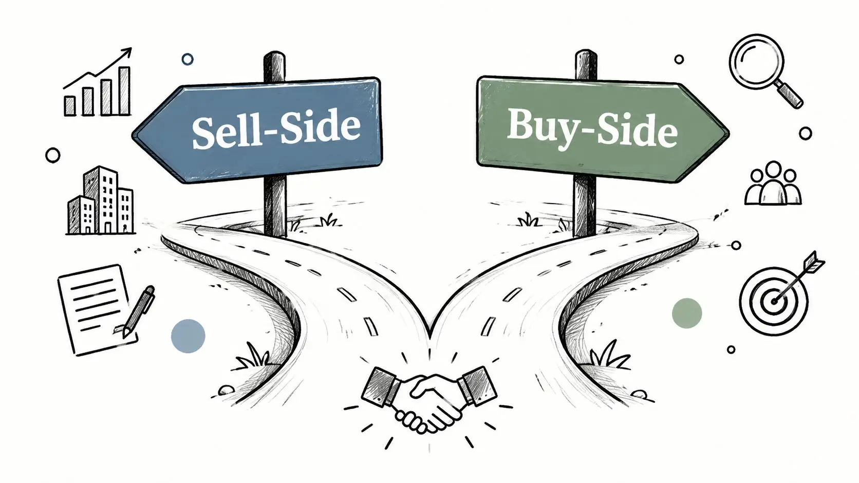 Conceptual illustration showing a fork in the road with signposts for Sell-Side and Buy-Side financial roles.