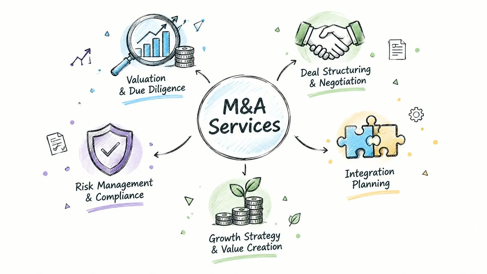 A hand-drawn illustration showing M&A services including valuation, due diligence, deal structuring, integration planning, and growth strategy.