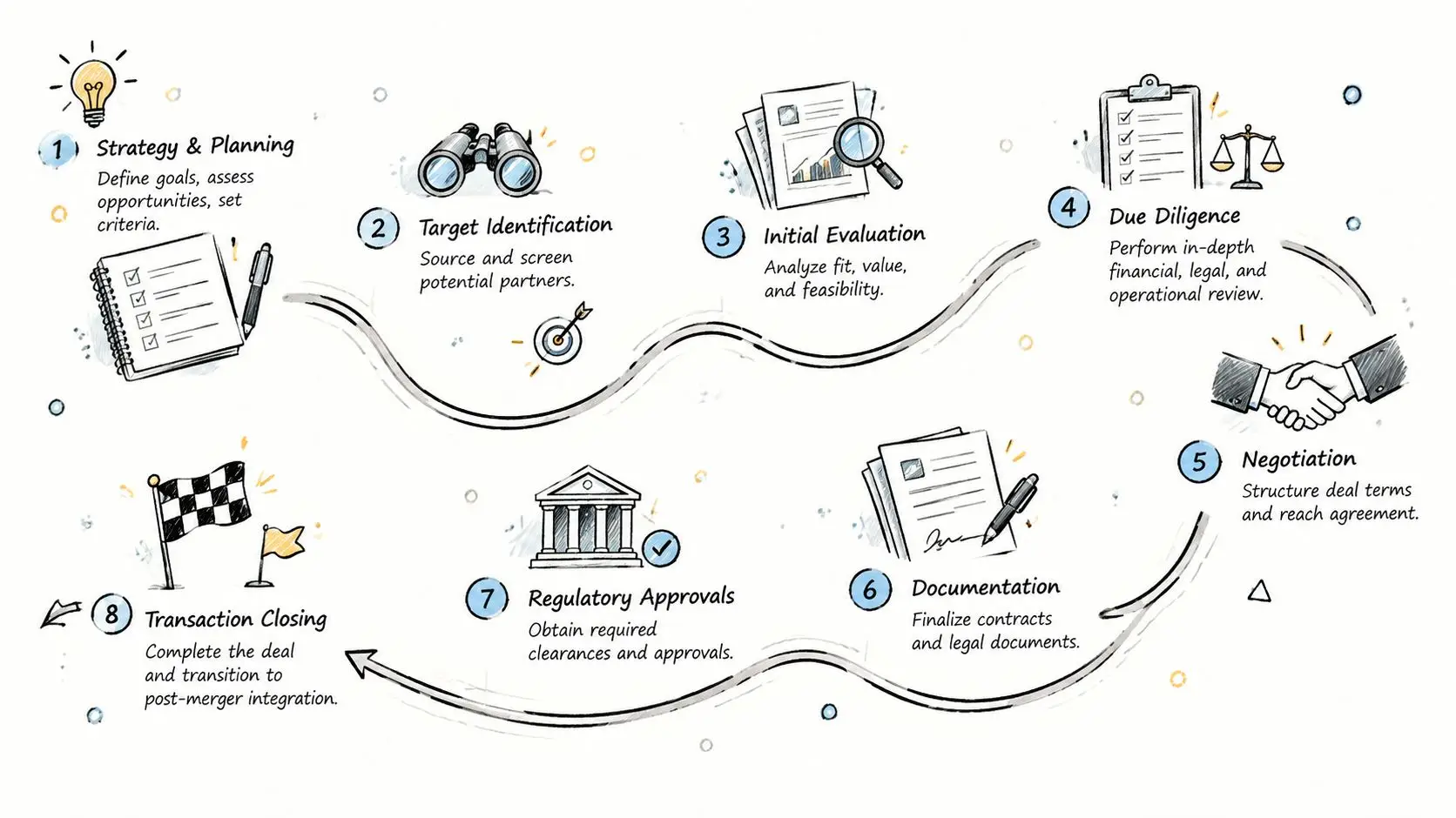 An eight-step infographic illustrating the merger and acquisition advisory process from strategy and planning to transaction closing.