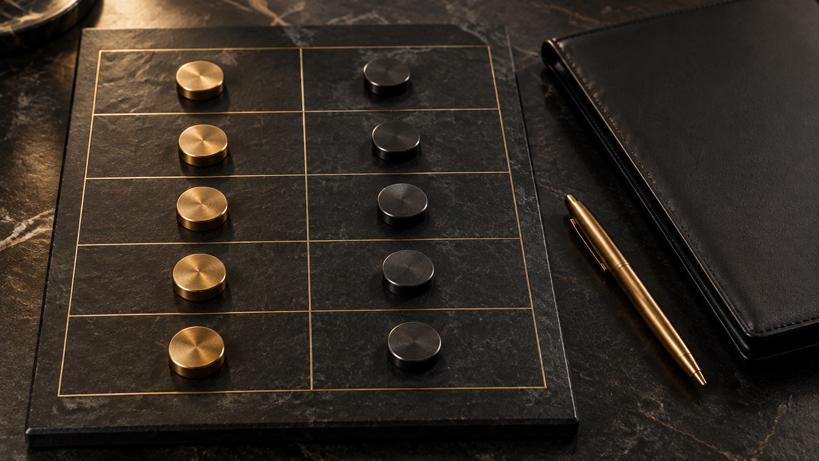 Gold and charcoal markers on a negotiation issue matrix beside a contract folder
