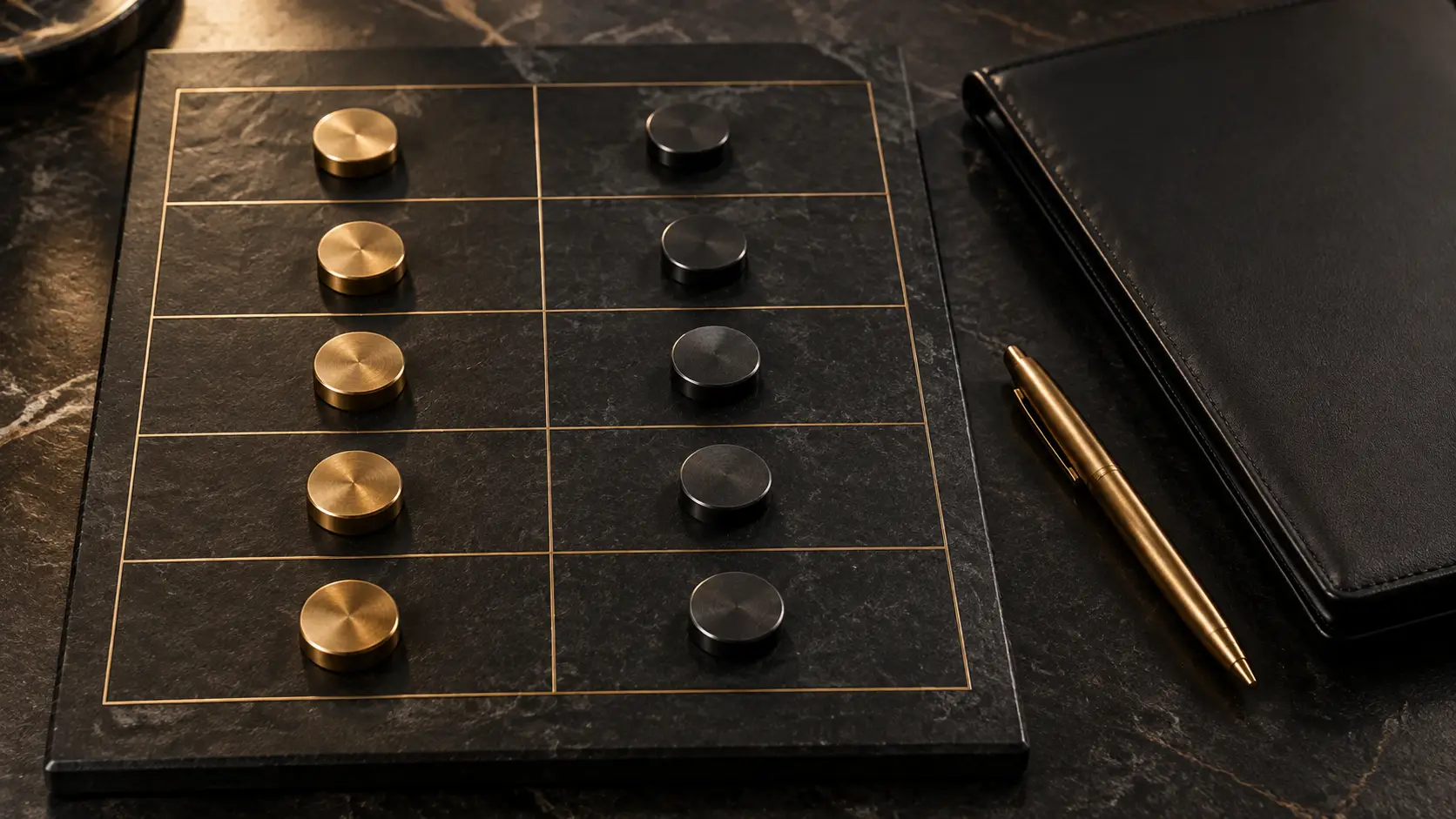 Gold and charcoal markers on a negotiation issue matrix beside a contract folder