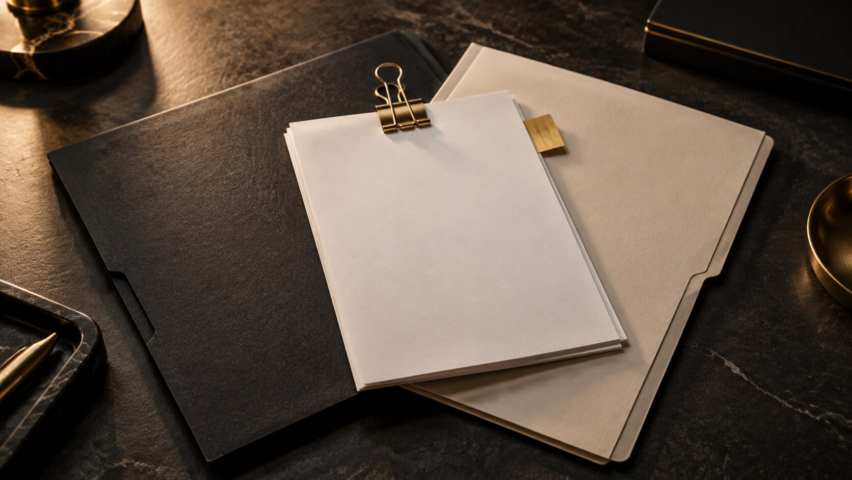 Blank purchase-order and supplier-term folders with a gold clip marking the agreed document hierarchy