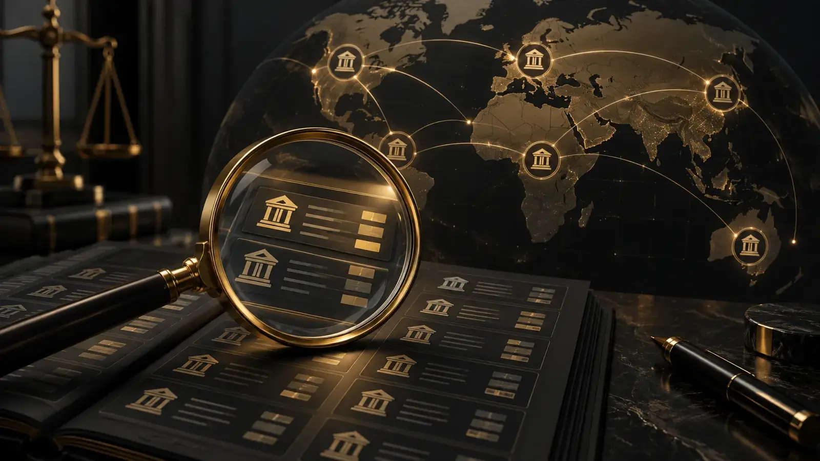 Bank account review concept: a gold magnifying glass over account tiles linked across a globe