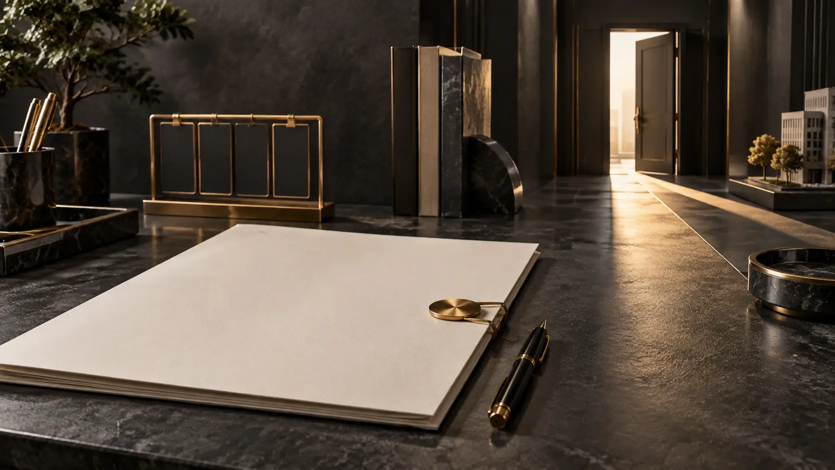 Agreement folder and open doorway for an orderly contract termination