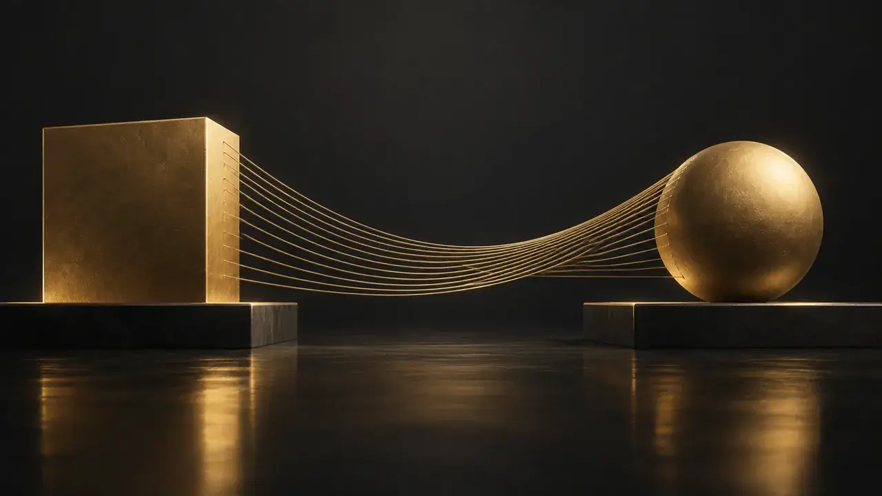 Two gold structures joined by fine gold lines on a charcoal background, illustrating a cross-border merger