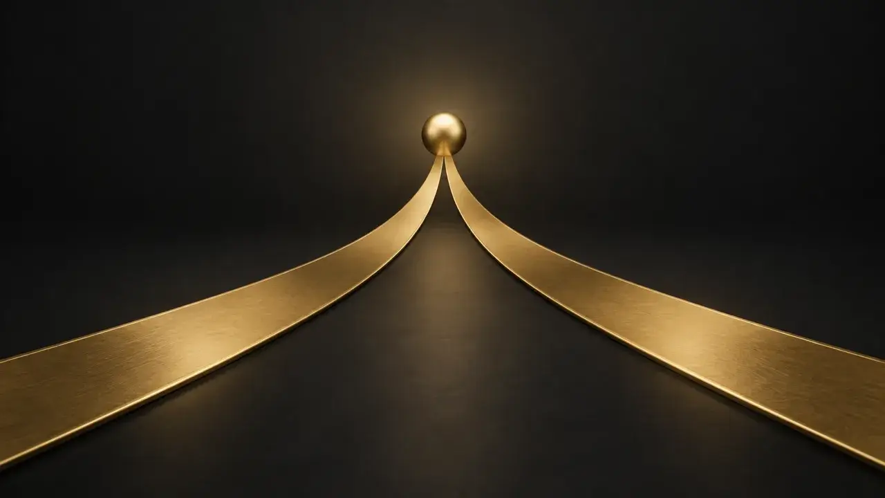 Two gold paths converging on a single gold point on a charcoal background, illustrating a dispute resolution clause