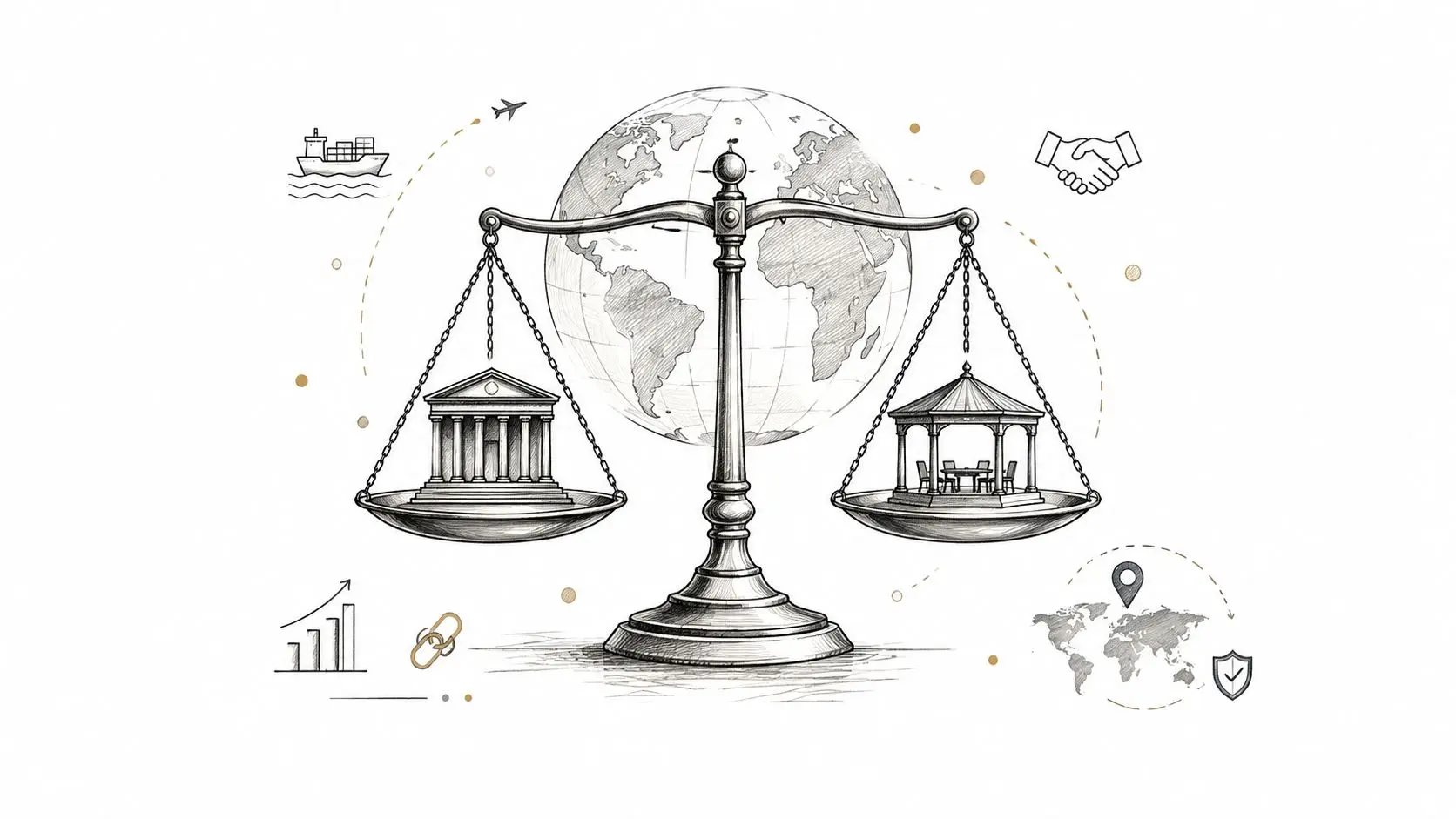 A conceptual illustration of global scales balancing a formal government building and a casual meeting area.