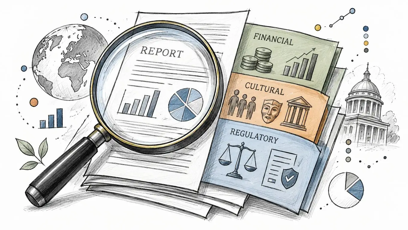 A hand-drawn illustration featuring a magnifying glass over a business report with financial, cultural, and regulatory icons.