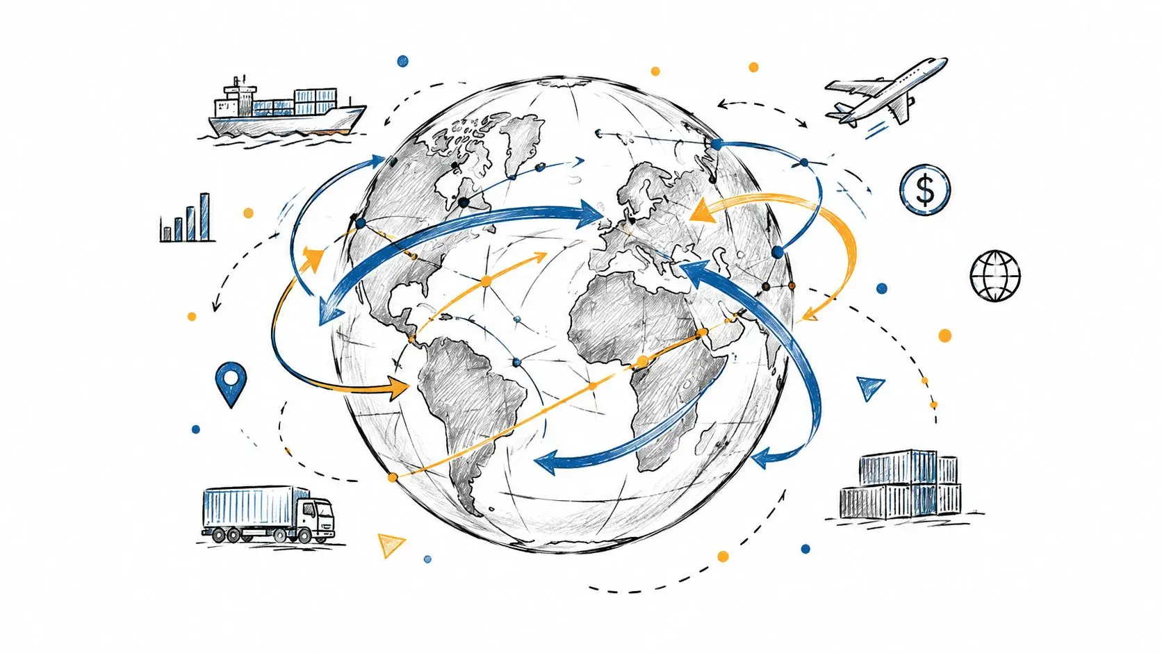 A hand-drawn sketch of a globe showing international logistics connections with cargo ships, trucks, and airplanes.